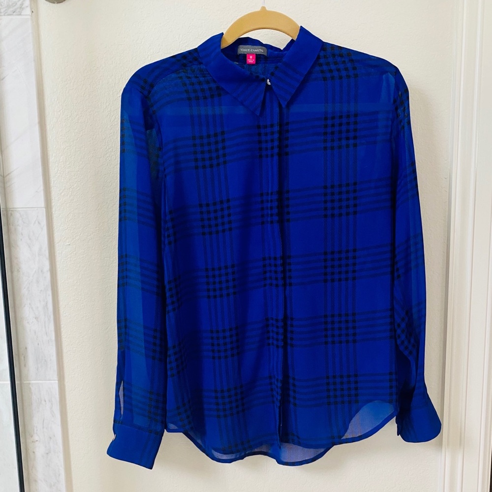 Vince Camuto Sheer Navy & Black Checkered Blouse